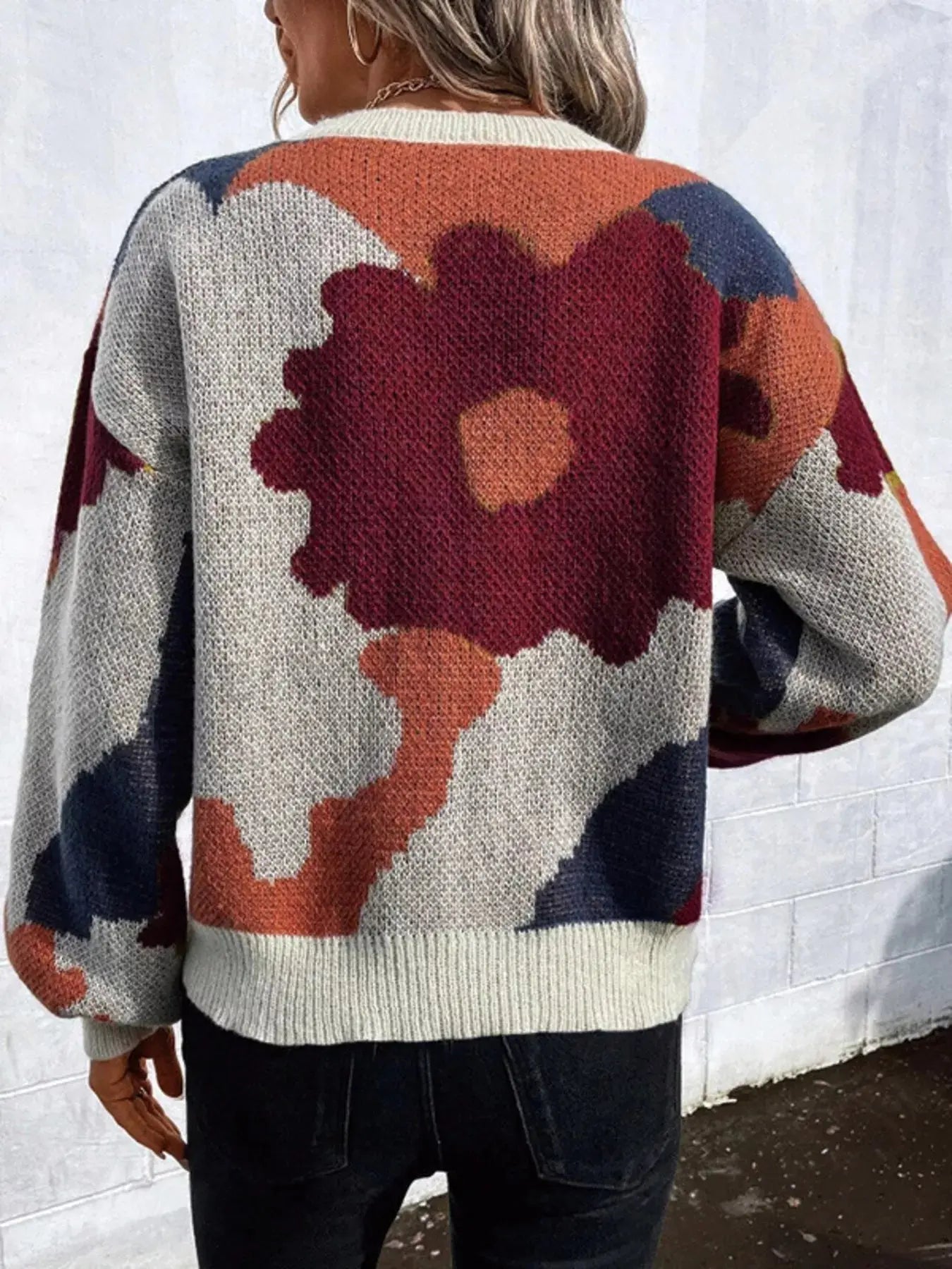 Floral Pattern Round Neck Sweater Simply Love