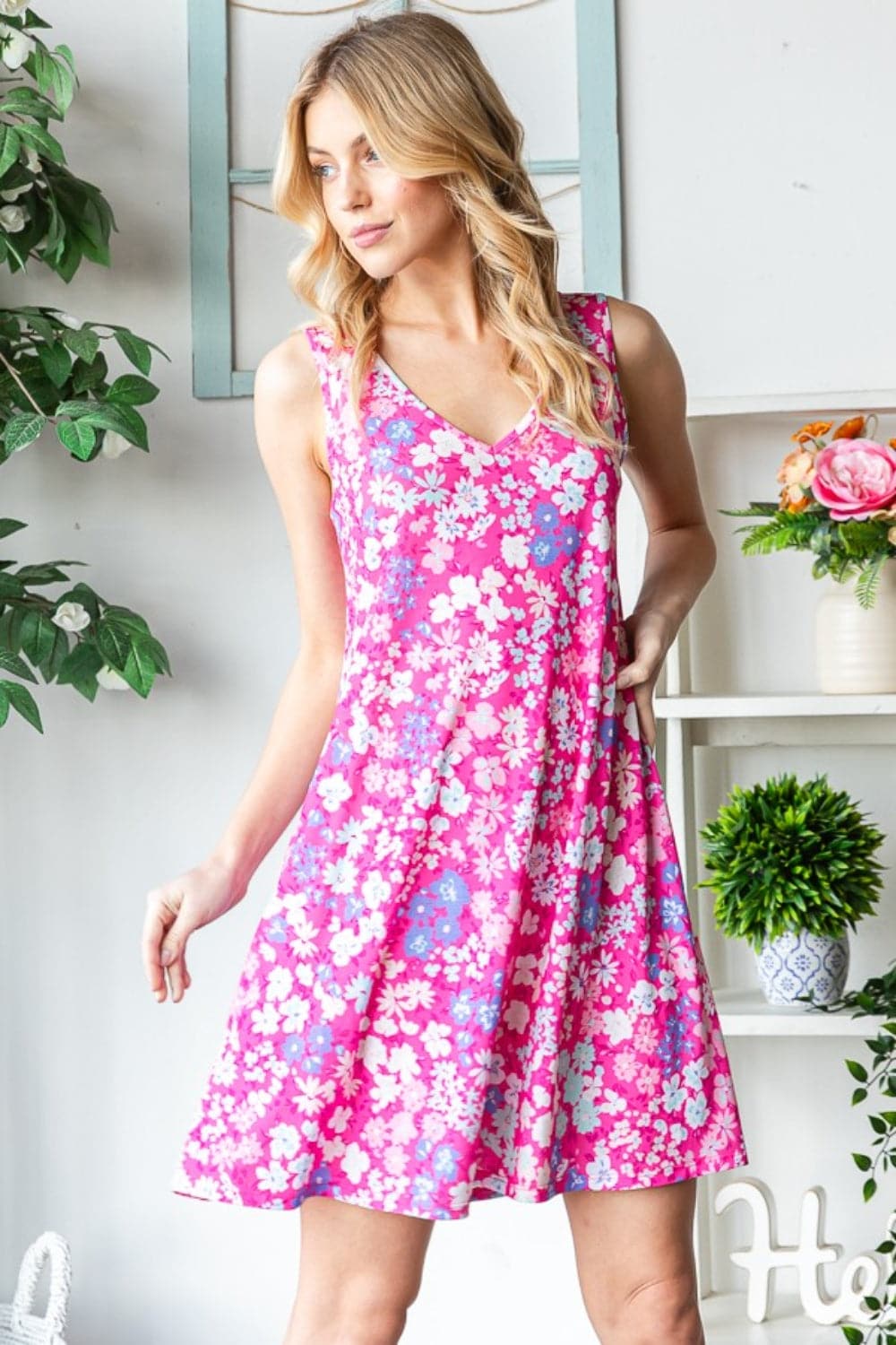 Heimish Full Size Floral V-Neck Tank Dress with Pockets.