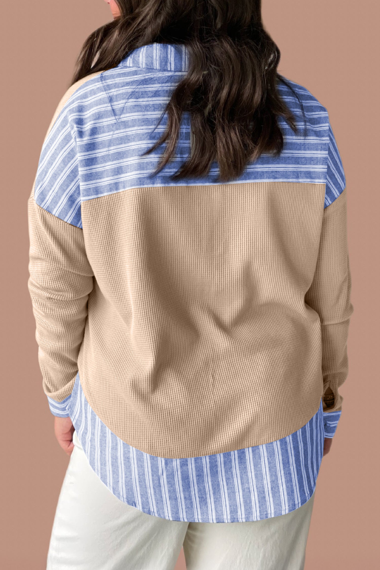 Plus Size Parchment Striped Waffle Knit Collared Top With Contrast Trim Dear-Lover Dropshipping