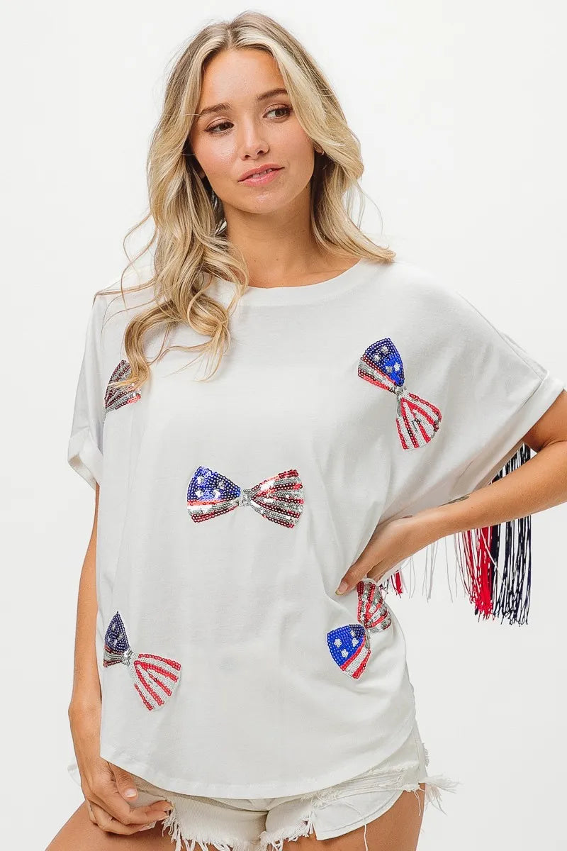 BiBi American Flag Sequin Ribbon T-Shirt - Love Salve 