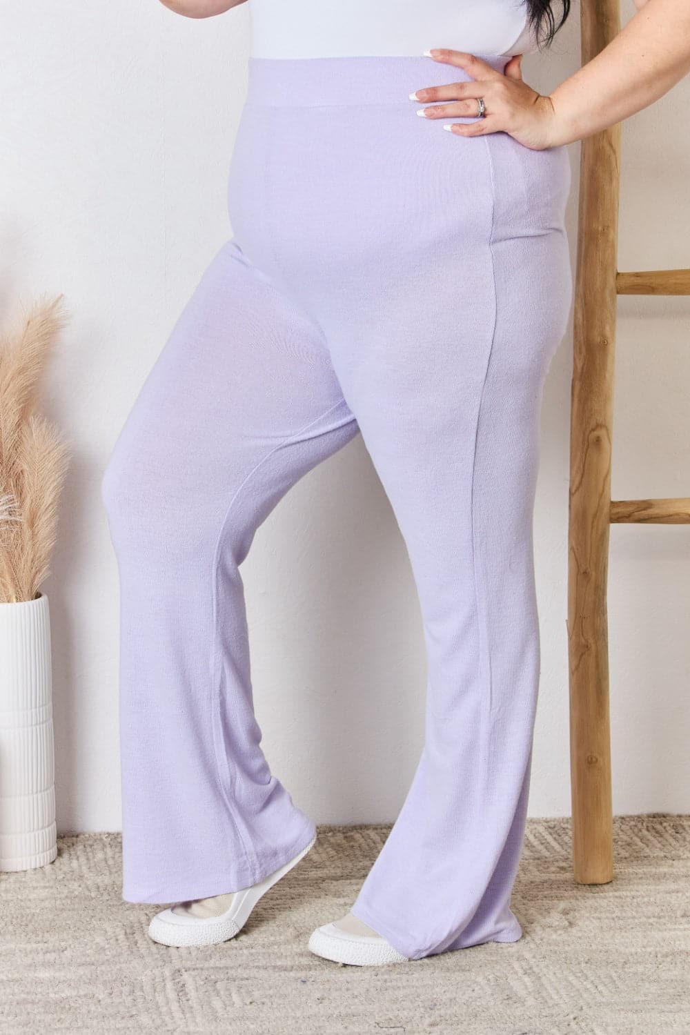 RISEN Full Size High Waist Ultra Soft Knit Flare Pants.