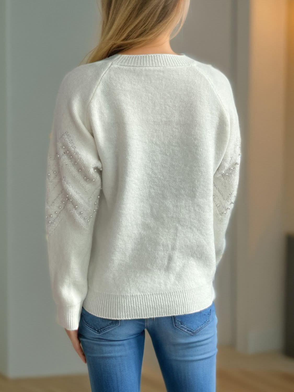 Pearl Trim Round Neck Raglan Sleeve Sweater