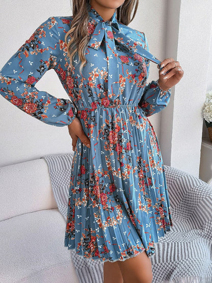 Pleated Printed Tie Neck Long Sleeve Dress.