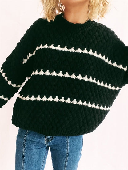 Contrast Stripes Round Neck Long Sleeve Sweater