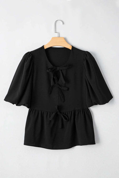 Chic Black Peplum Blouse with Puff Sleeves and Bowknot Detail