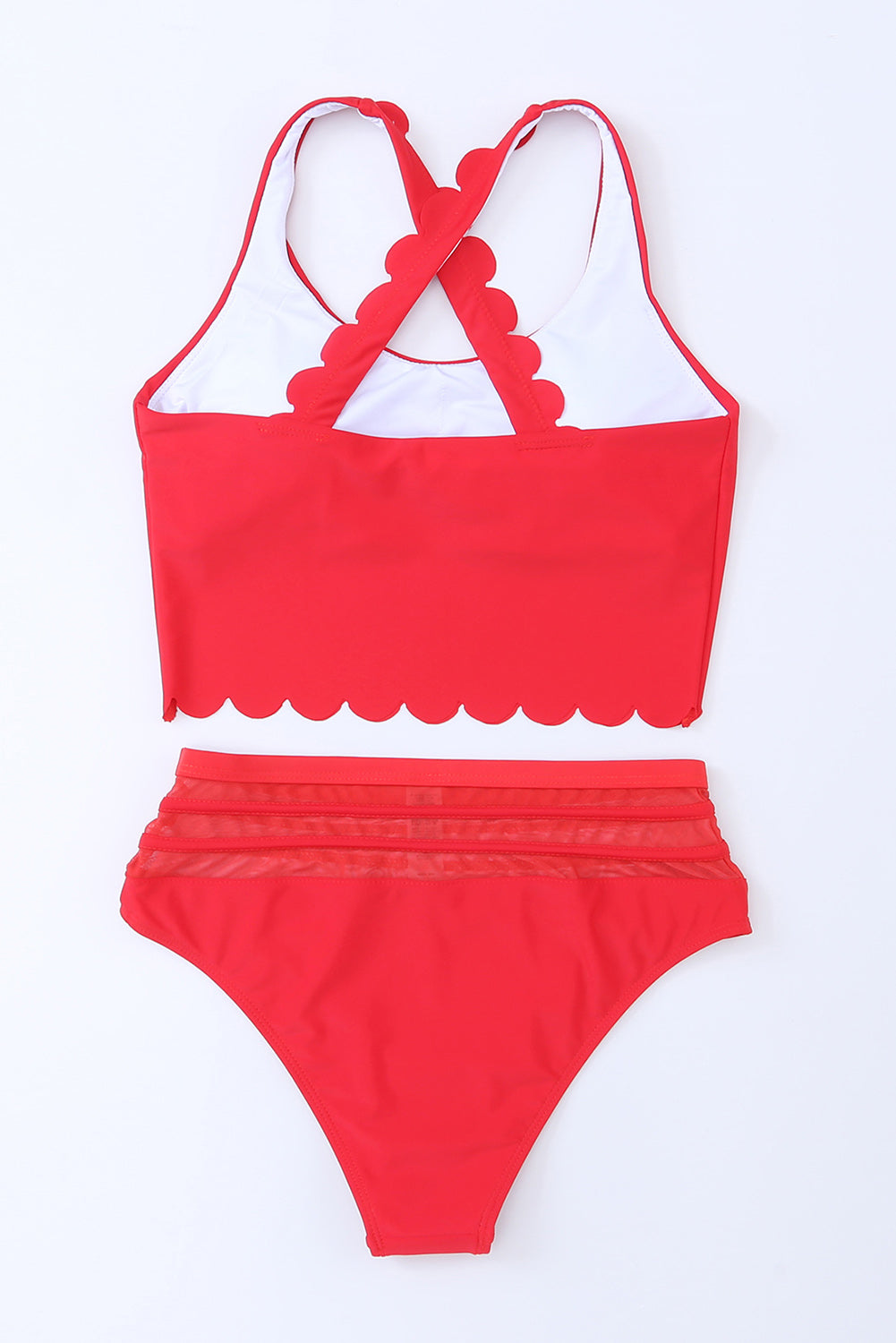 Sizzling red scalloped high waist bikini with criss-cross design