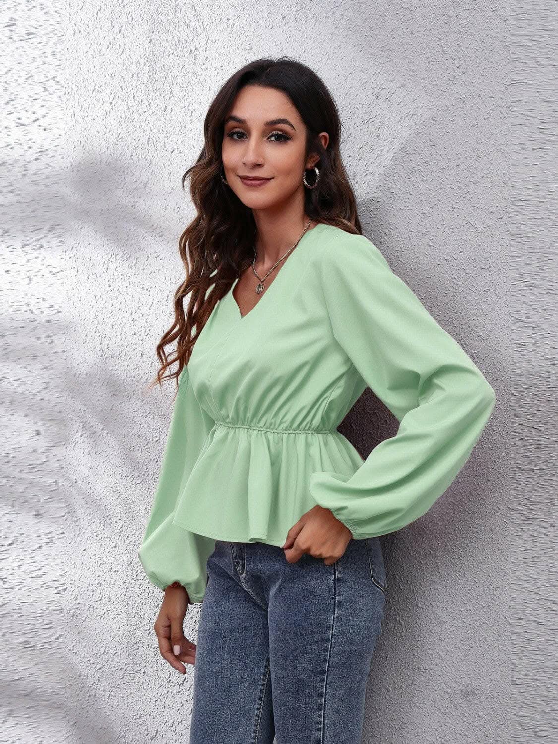 Elegant V-neck peplum top with sleeves - Love Salve 