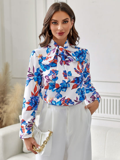 Bold Blooms Tie-Neck Blouse – Elegant Floral Statement Top