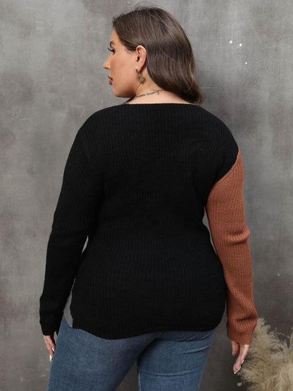 Plus Size Two-Tone Surplice Neck Sweater.