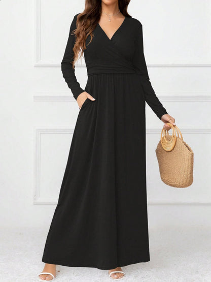 Pocketed Surplice Long Sleeve Maxi Dress.