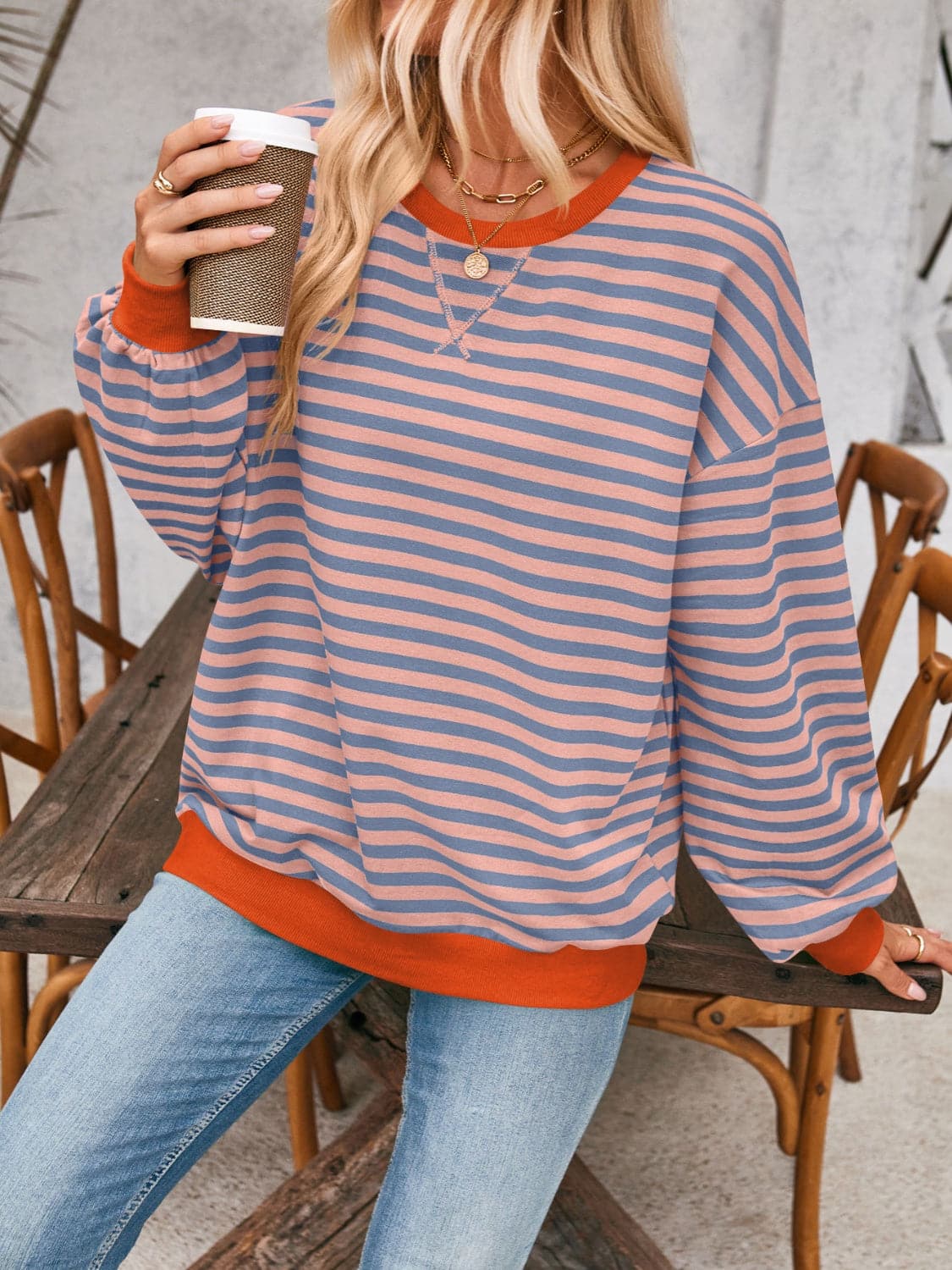 Contrast Striped Long Sleeve Sweatshirt.