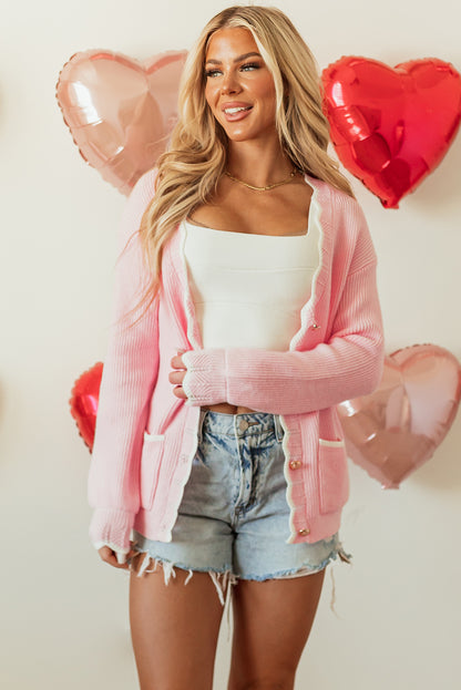 Pink Ribbed Knit Scalloped Edge Side Pockets Cardigan