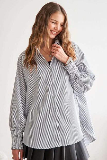 Trendy High-Low Striped Button-Up Shirt with Smocked Lantern Sleeves