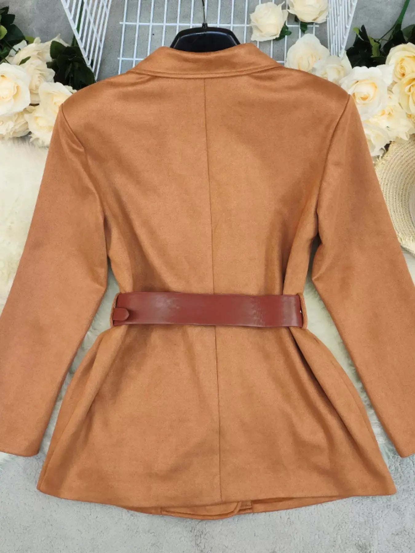 Women's Belted Double Breasted Blazer With Lapel Collar Camel Simply Love