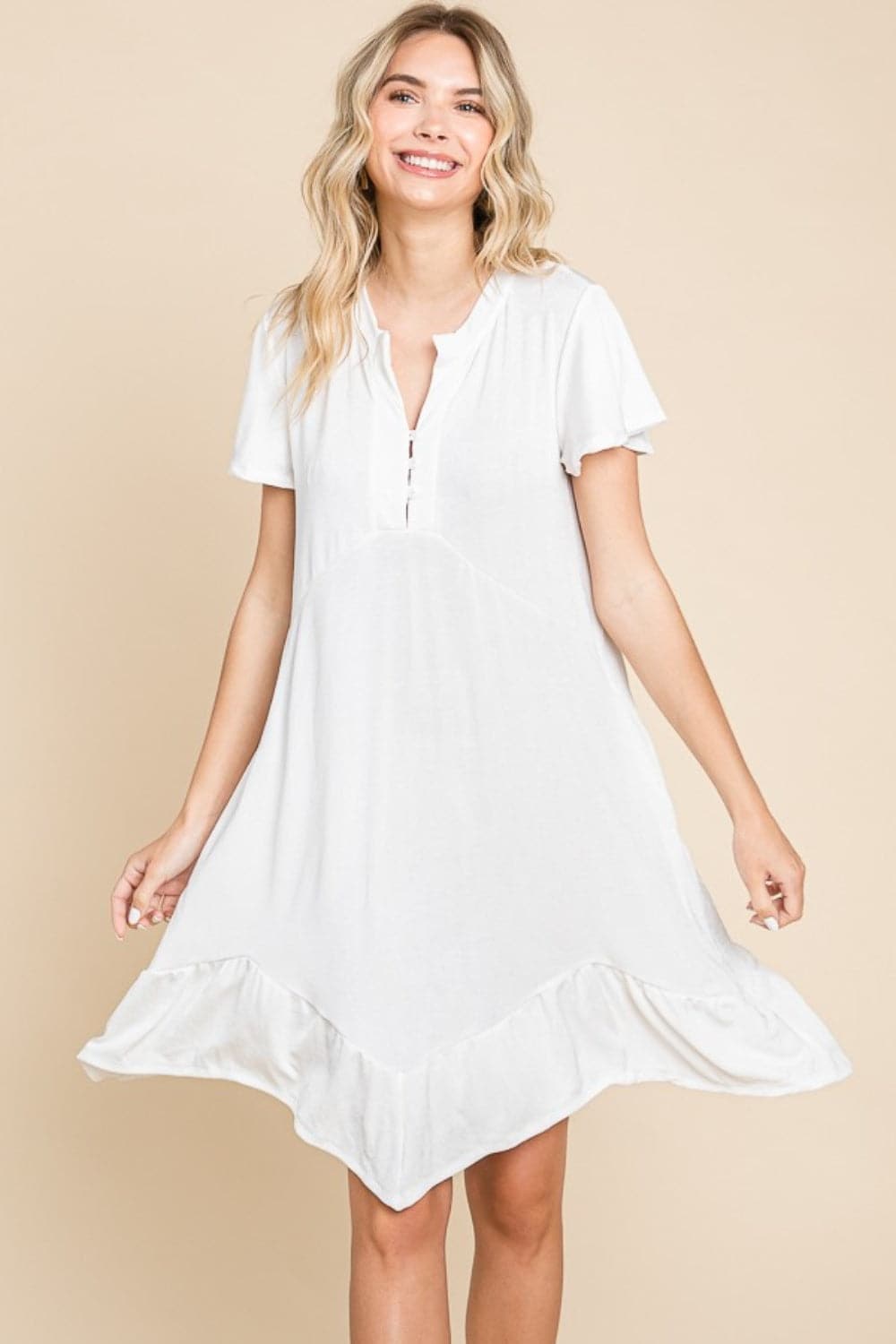 Culture Code Full Size Short Sleeve Ruffled Asymmetric Hem Dress.