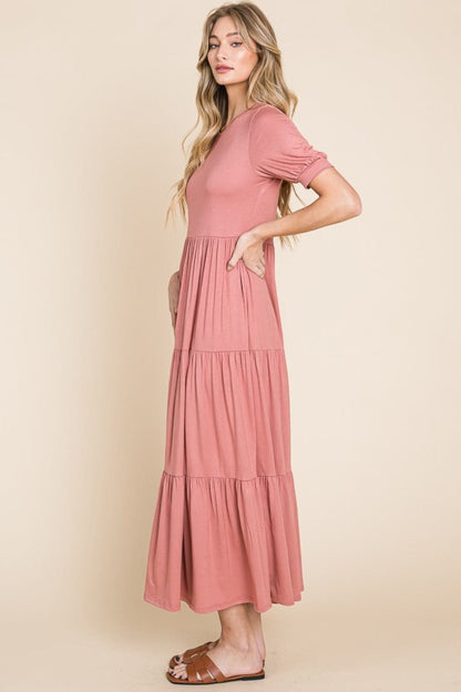 BOMBOM Short Sleeve Tiered Maxi Dress.