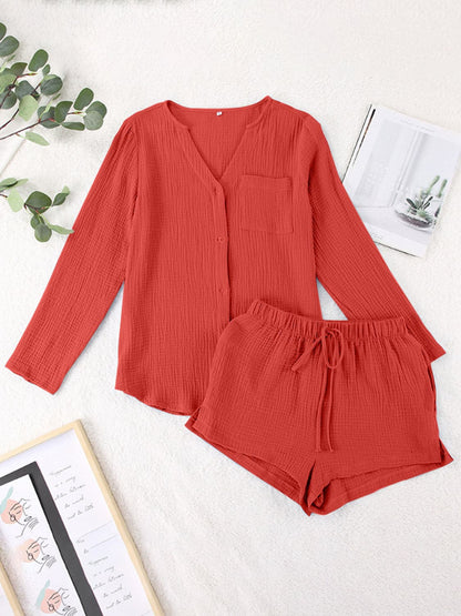 Notched Long Sleeve Top and Shorts Set.