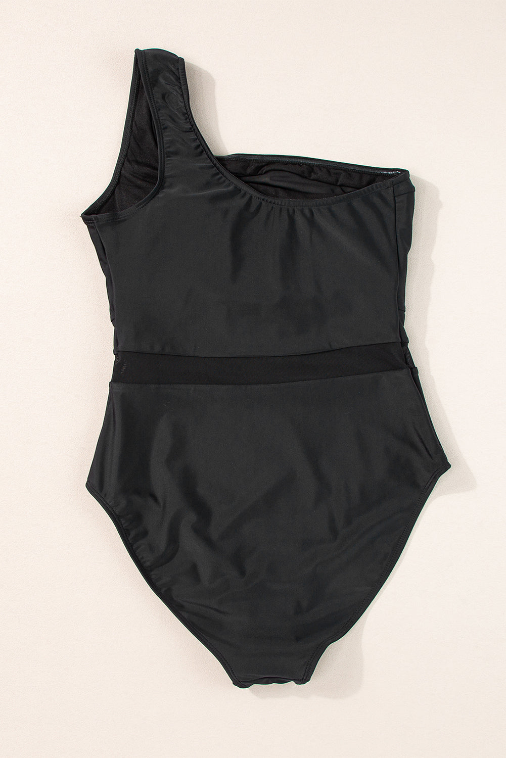 Sleek one-shoulder high-waist mesh teddy swimsuit in black