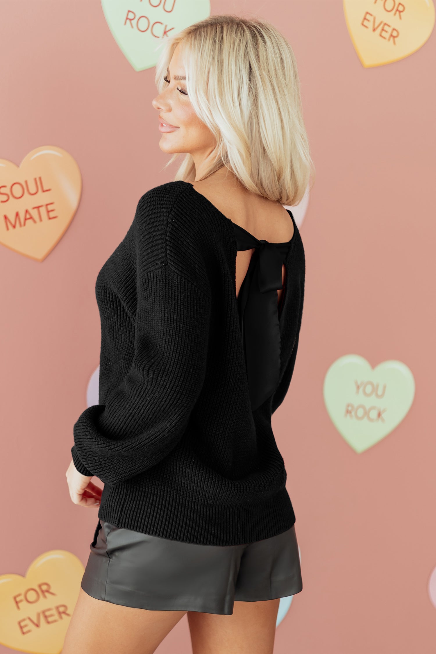 Black Ribbed Knit Backless Knot Drop Shoulder Sweater Dear-Lover Dropshipping