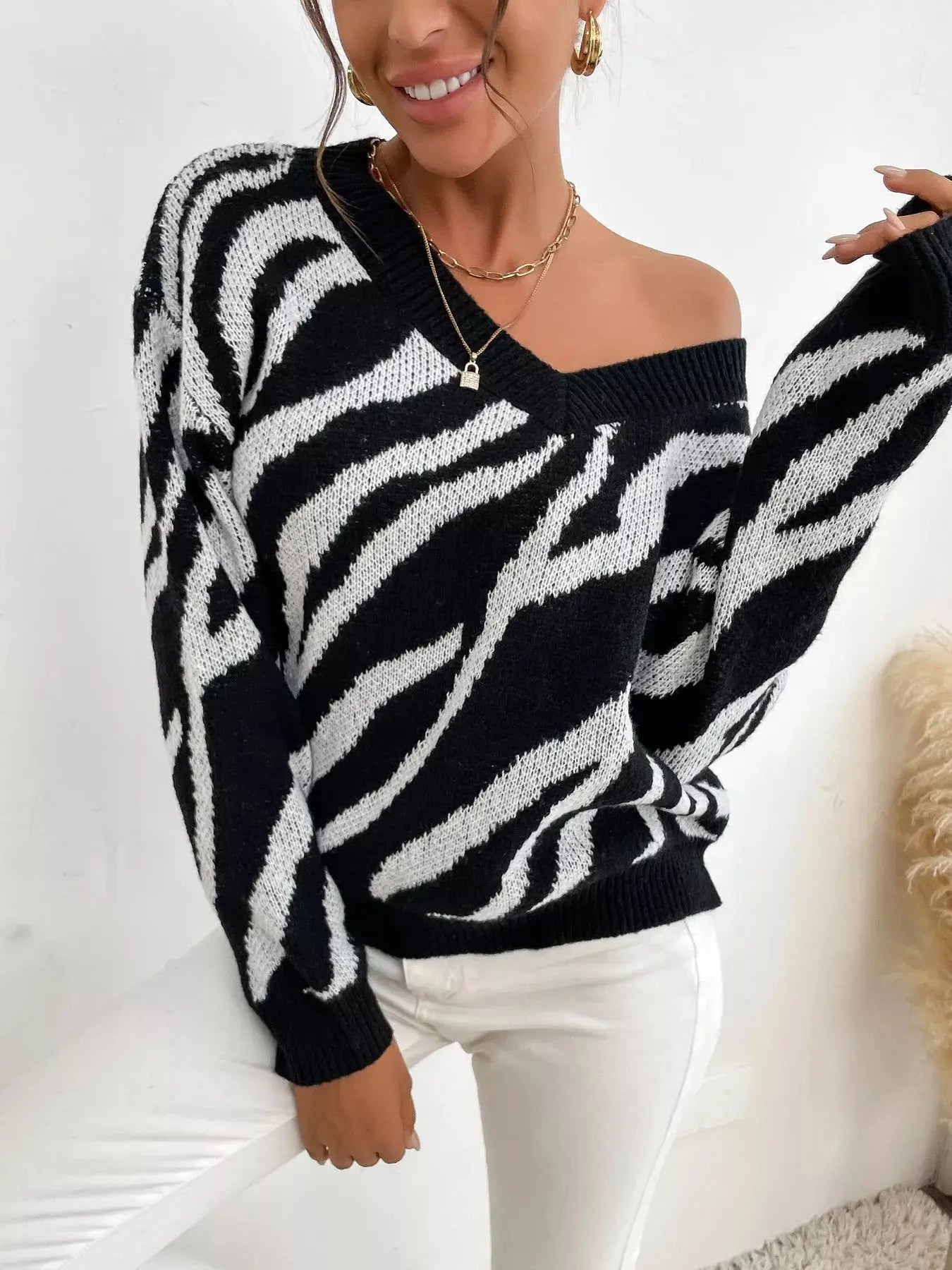 Zebra Print Relaxed Fit Pullover Sweater Simply Love