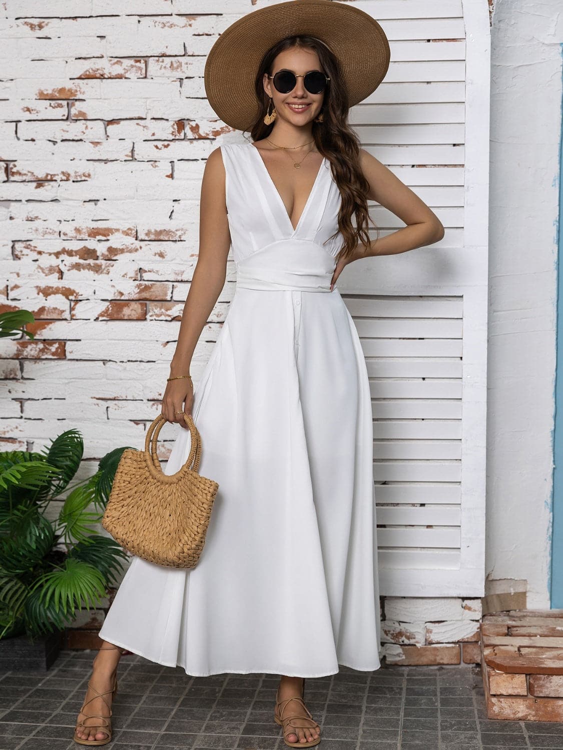 Full Size Slit V-Neck Sleeveless Midi Dress.