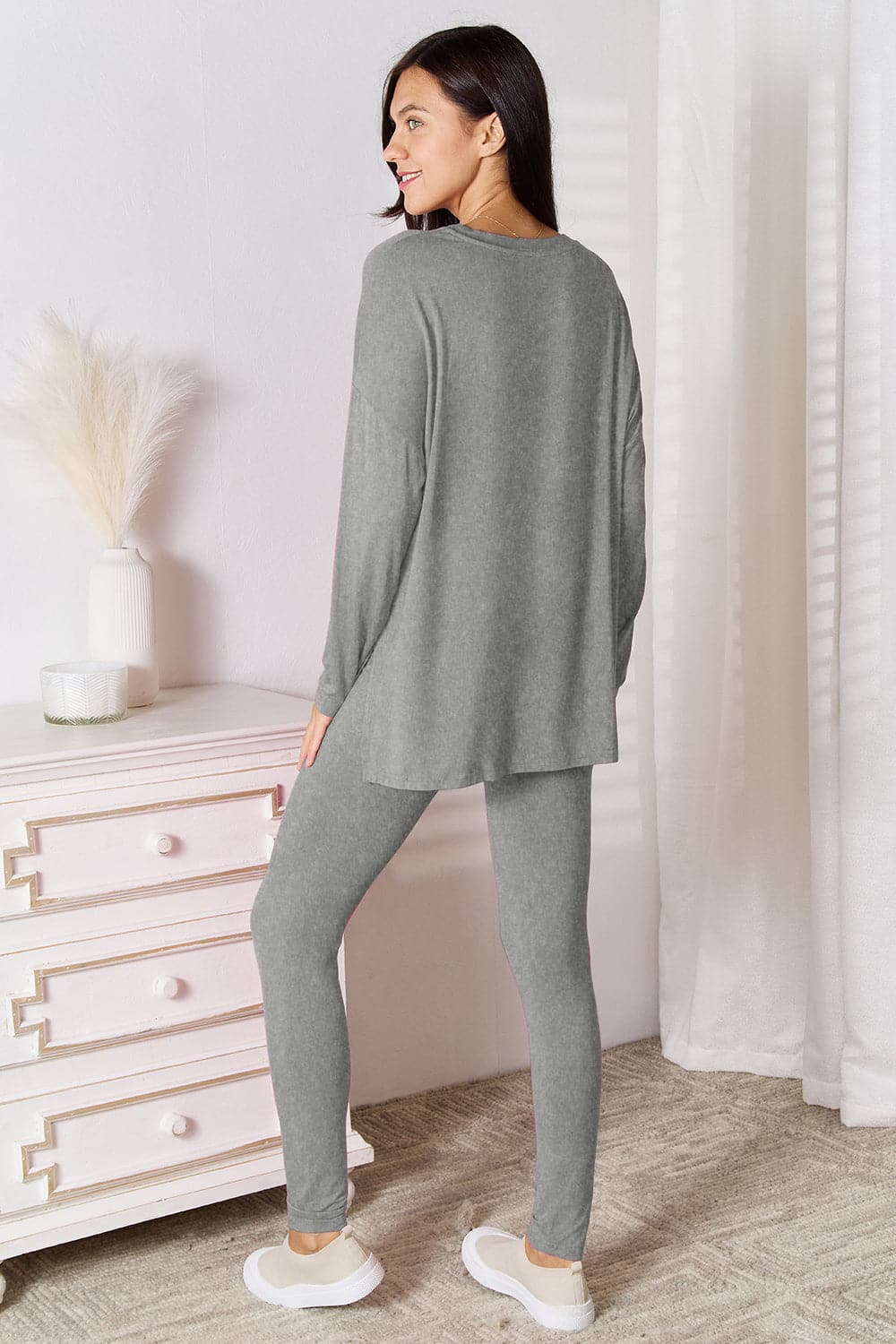 Basic Bae Bamboo Full Size V-Neck Long Sleeve Top and Pants Lounge Set.