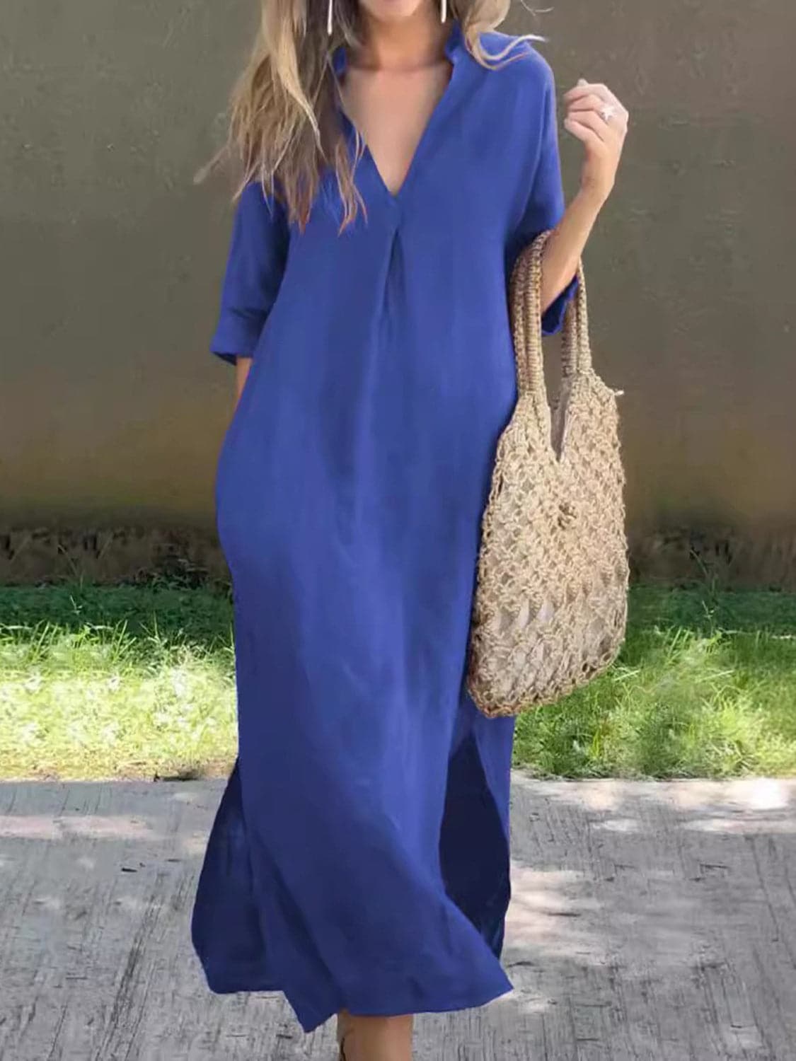 Full Size Notched Half Sleeve Midi Dress.