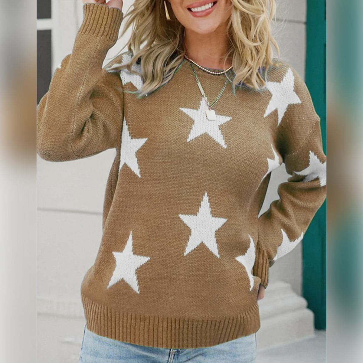 Star Pattern Round Neck Sweater.