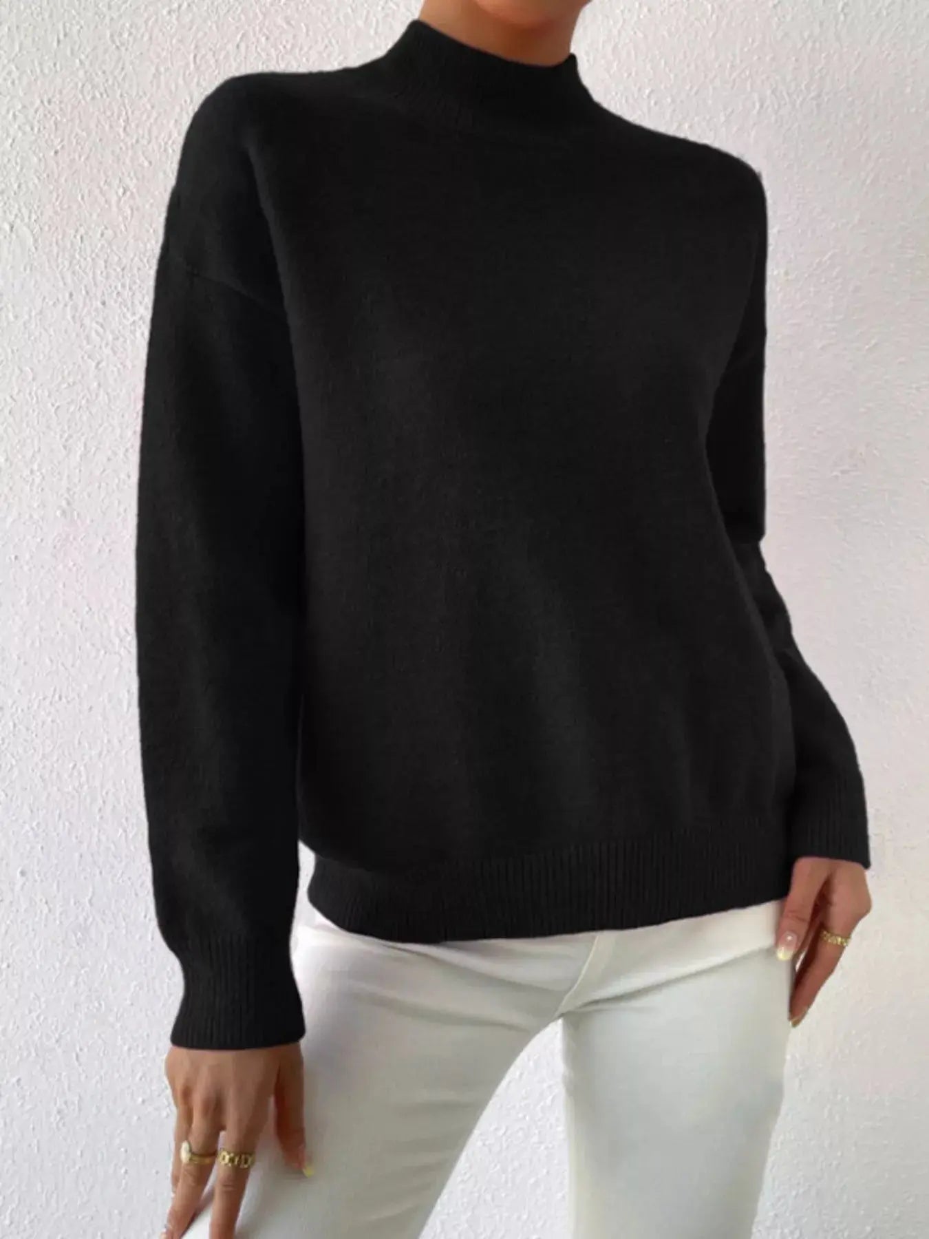 Mock Neck Dropped Shoulder Sweater Simply Love