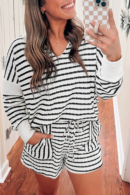 Chic black striped loungewear set with collared V neck and high-waist shorts