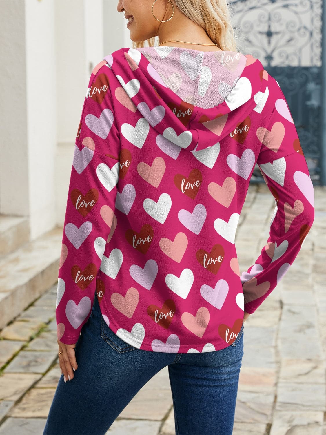 Heart Drawstring Dropped Shoulder Hoodie.