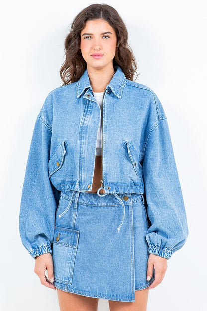 Cropped denim jacket with drawstring waist