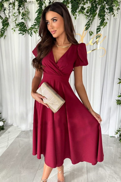 Surplice Puff Sleeve Midi Dress.