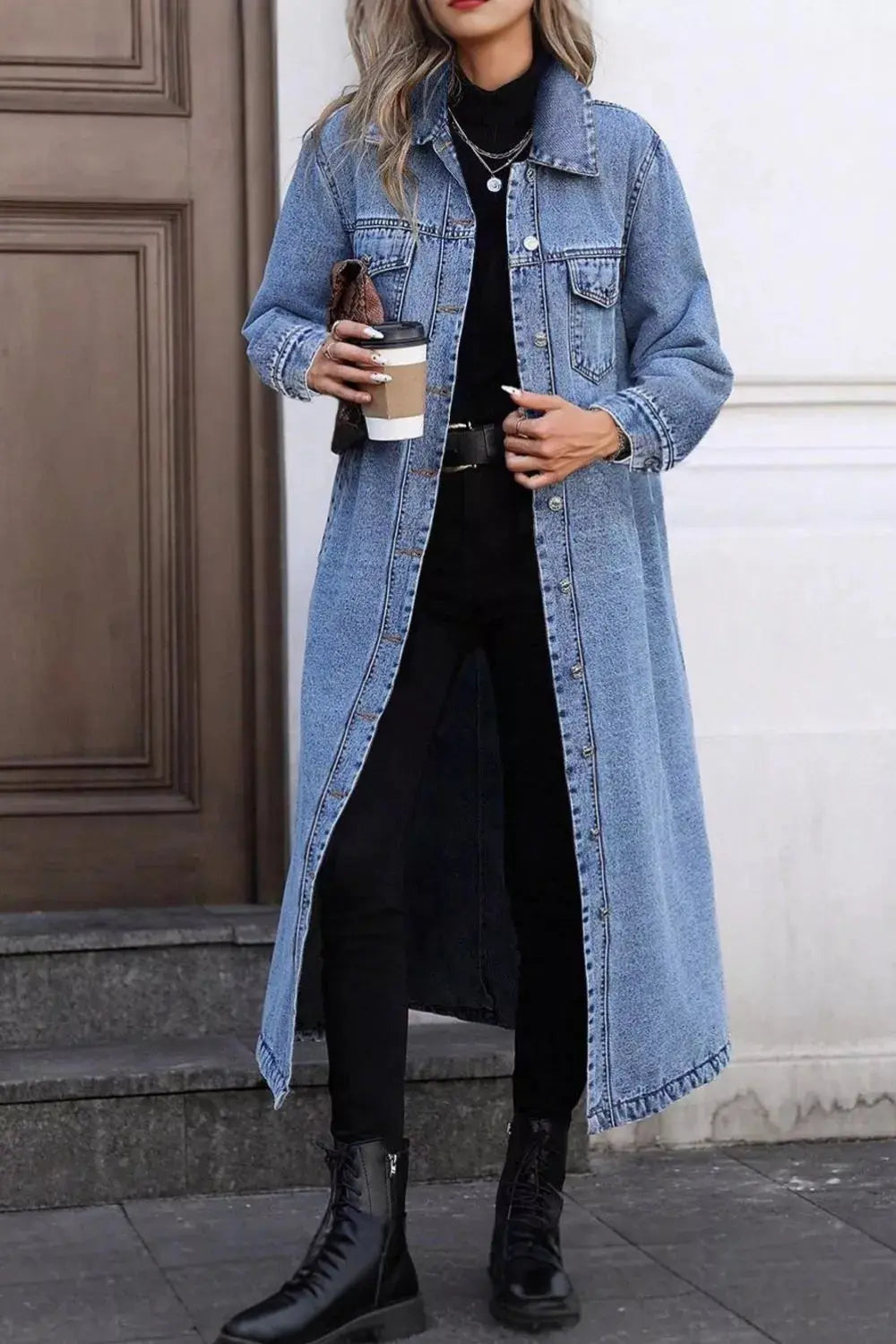 Longline Denim Jacket With Button Down Front And Chest Pockets Simply Love