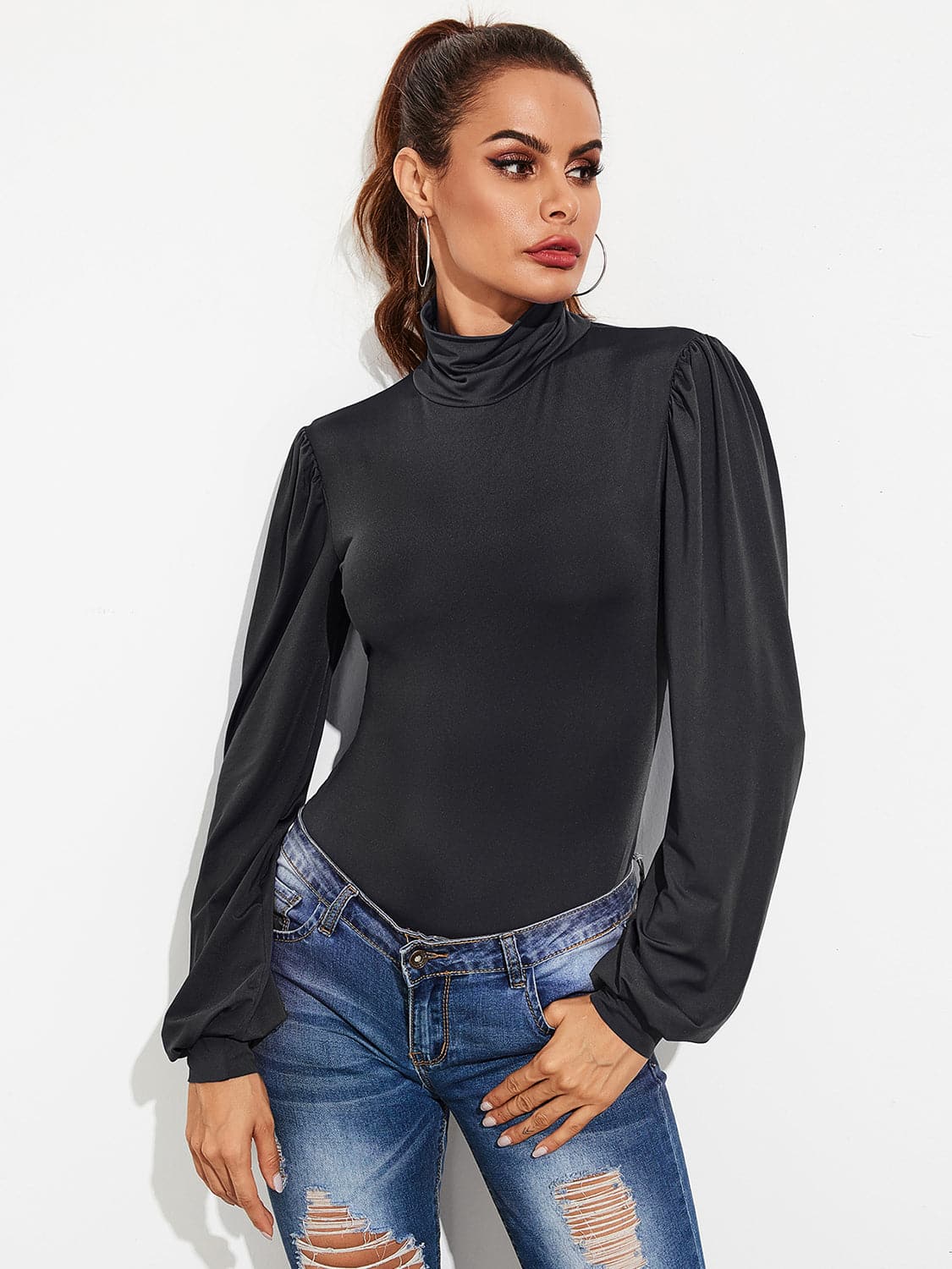 Backless Tie-Waist Turtleneck Lantern Sleeve Bodysuit.