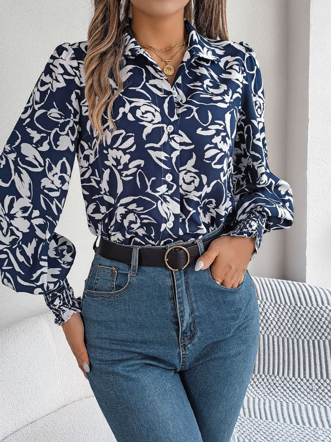 Printed Collared Neck Lantern Sleeve Shirt.