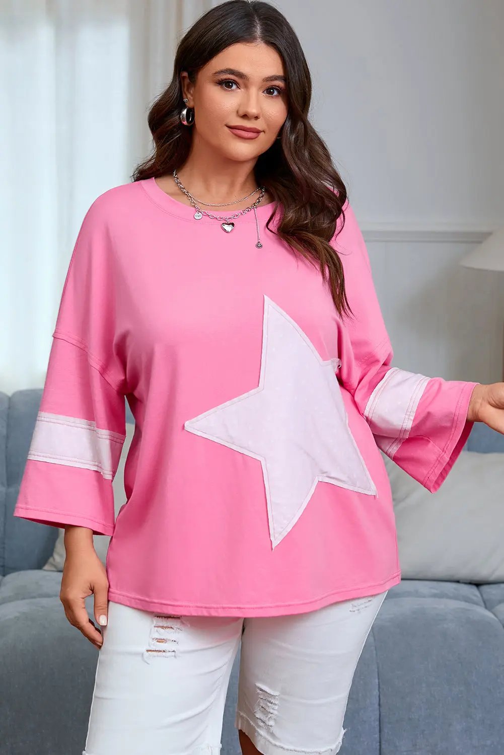 Plus Size Pink Star Patched Colorblock Raw Edge Loose Tee Dear-Lover Dropshipping