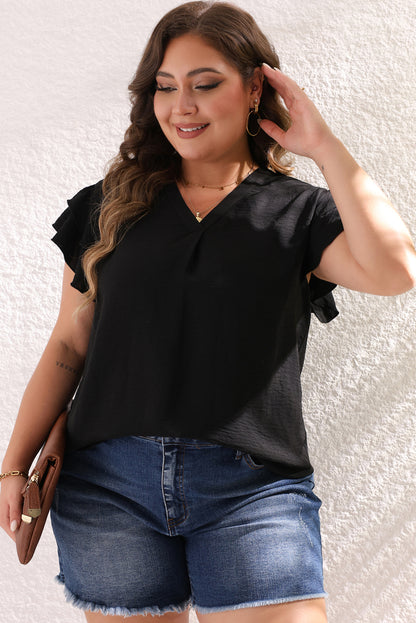 Chic black plus size blouse with ruffled sleeves and v-neck