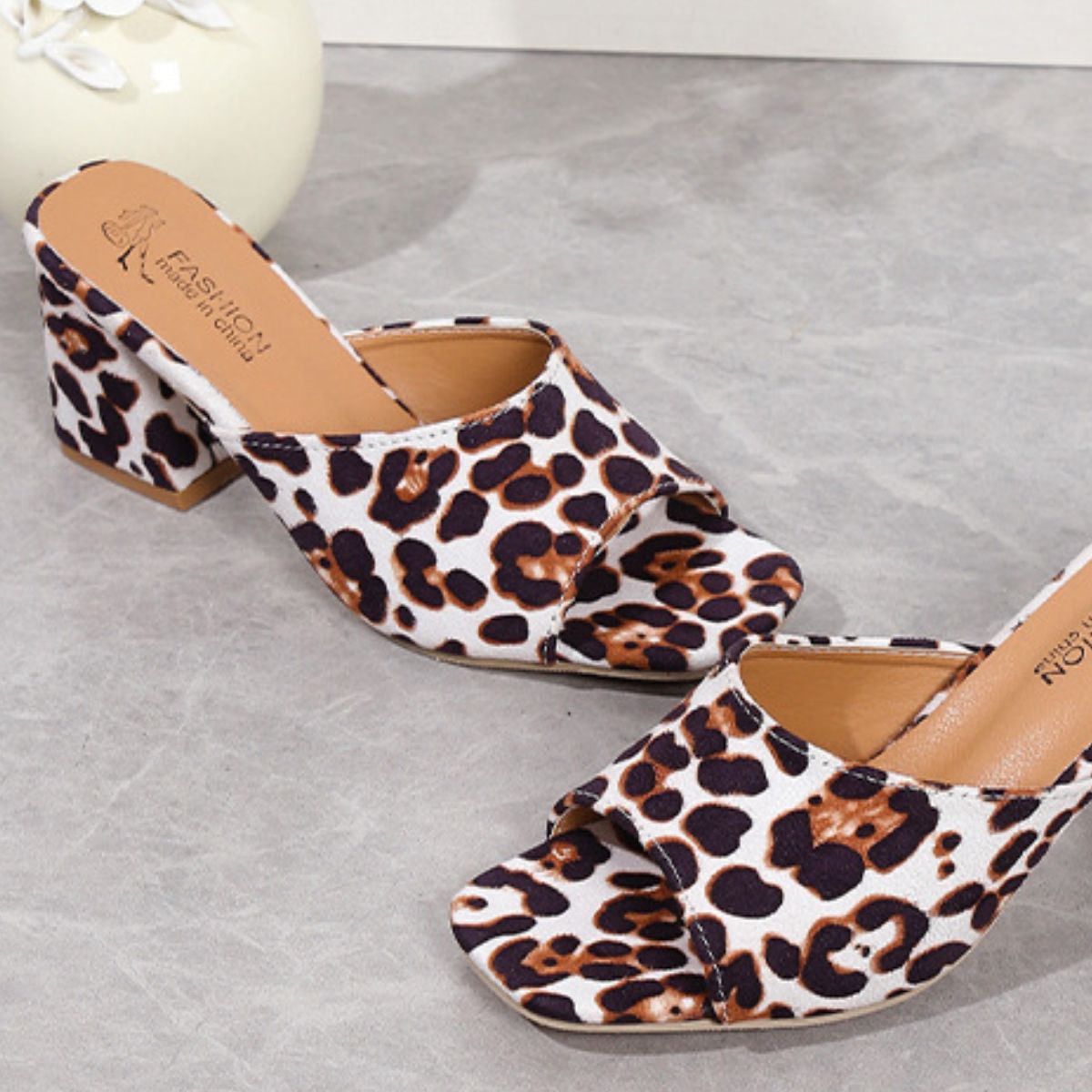 Leopard Block Heel Suede Sandals.