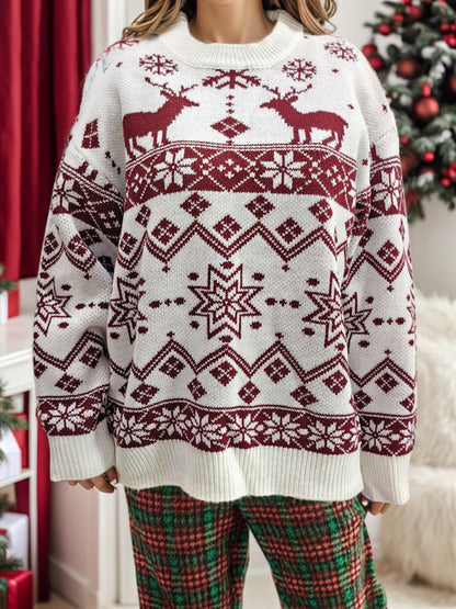 Snowflake Contrast Round Neck Long Sleeve Sweater.