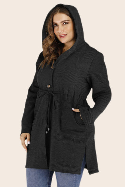 Plus Size Drawstring Waist Hooded Cardigan with Pockets.