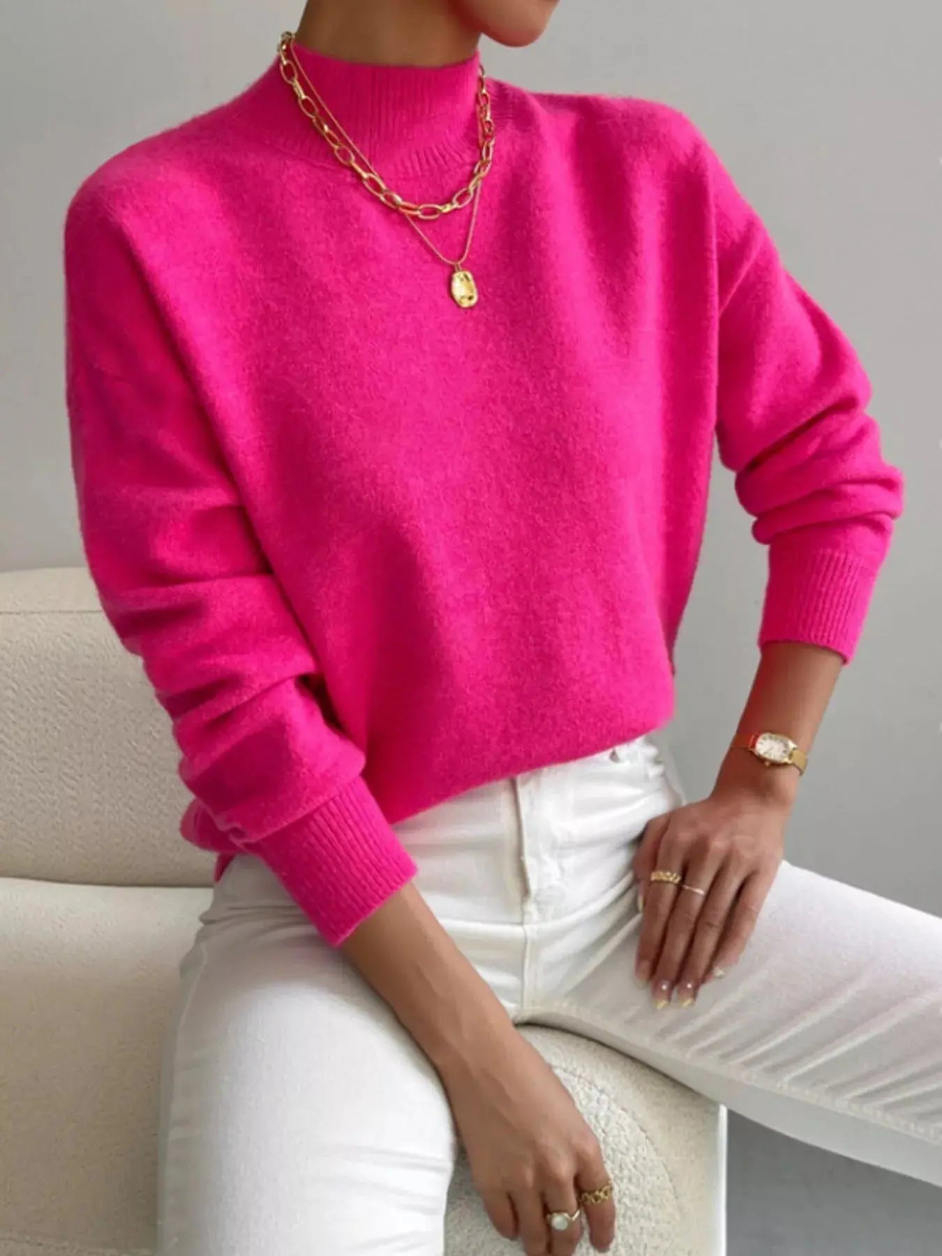 Mock Neck Dropped Shoulder Sweater Simply Love