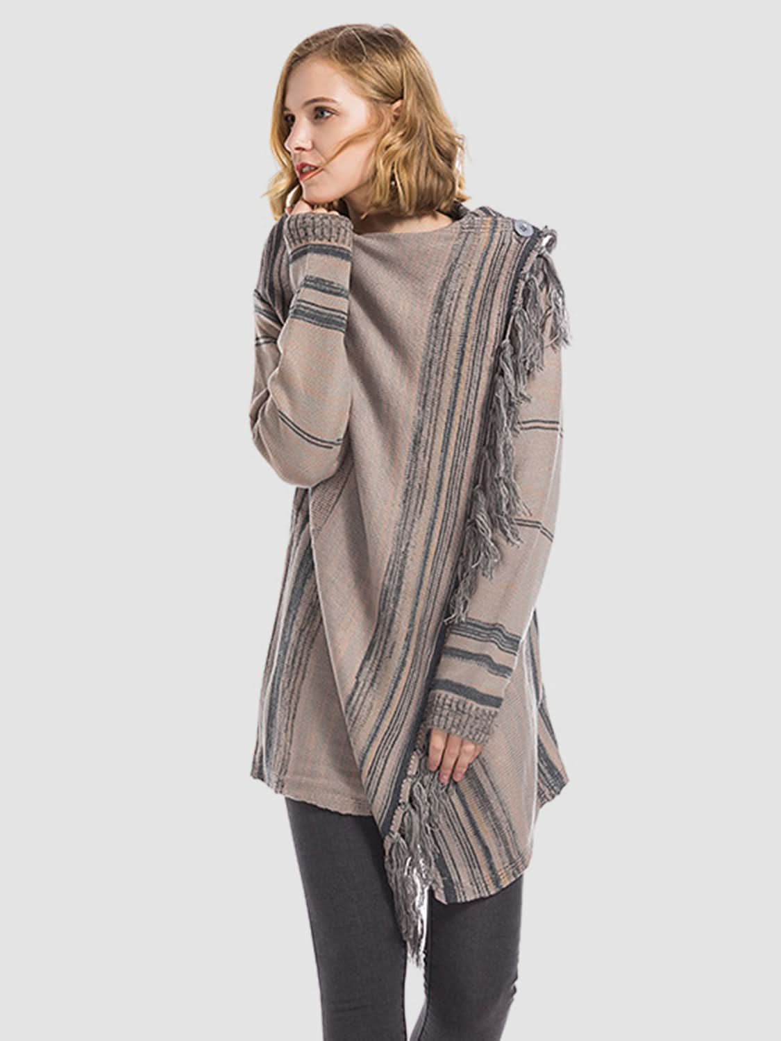 Tassel-trimmed open front cardigan with angel wings design