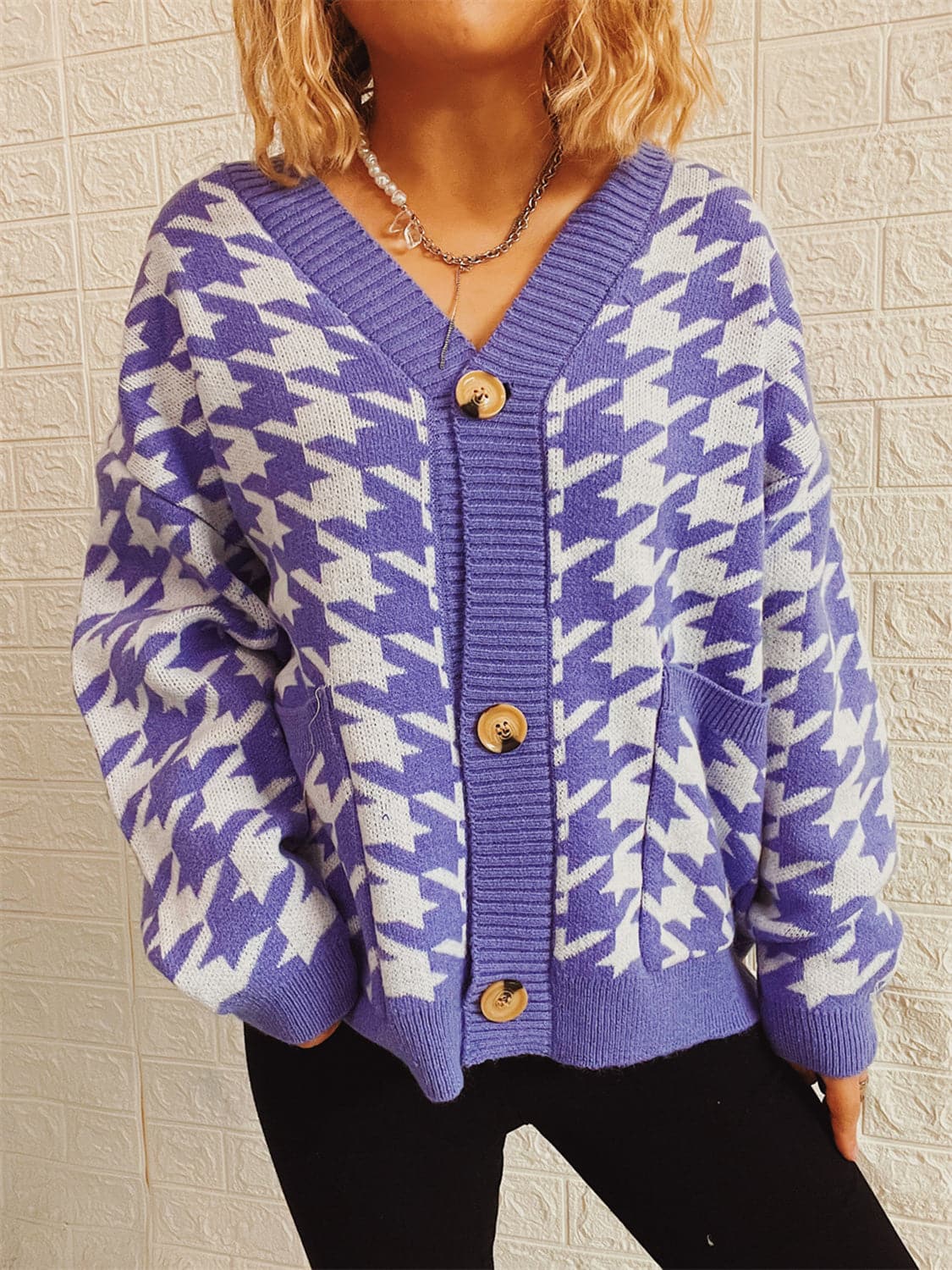 Houndstooth Botton Front  Cardigan with Pockets.