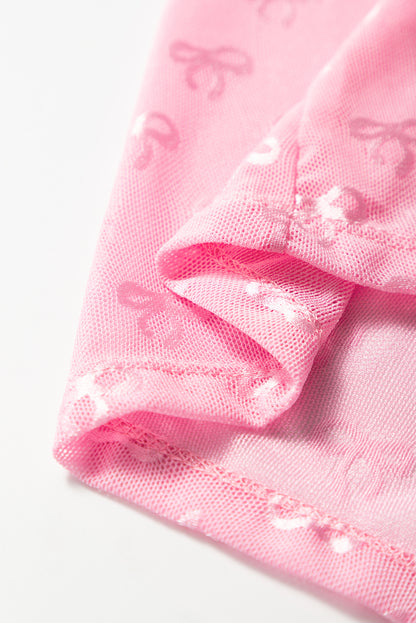 Pink Mesh Bow Pattern Long Sleeve Top for Stylish Women