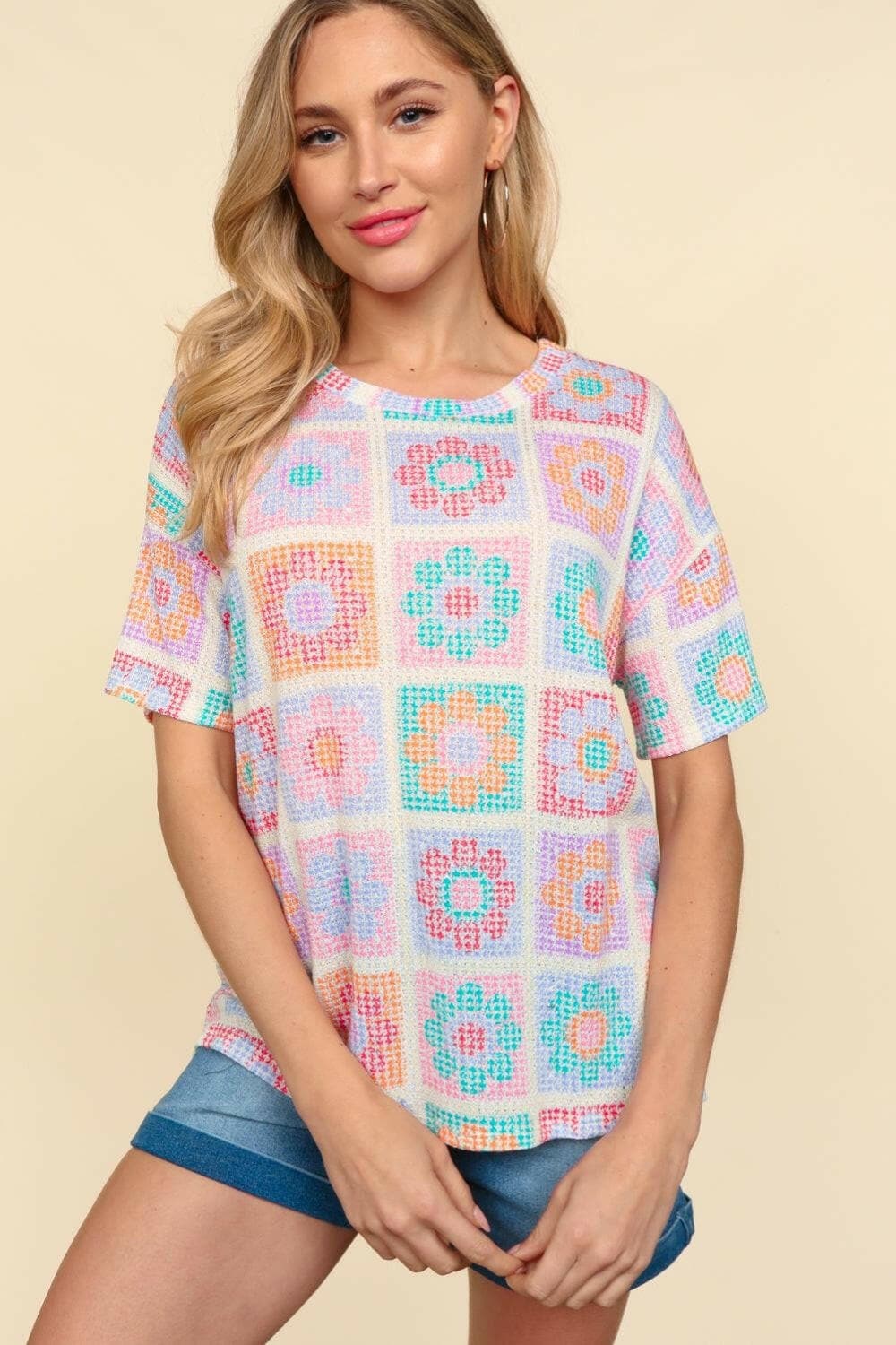 Haptics Flower Print Round Neck Short Sleeve T-Shirt.