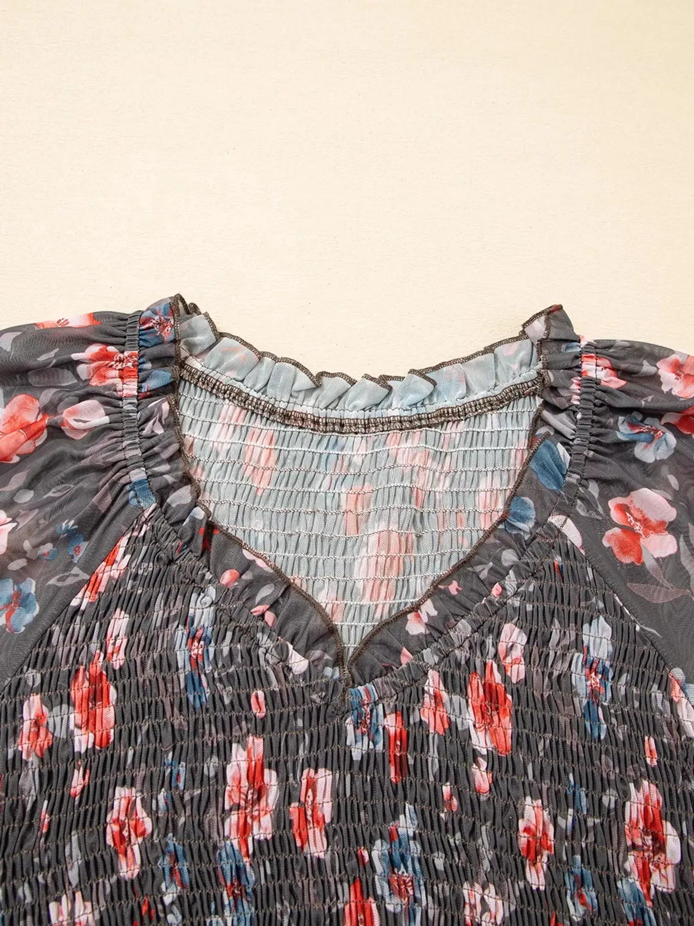 Frilly Smocked Bodice Floral Mesh Long Sleeve Mini Dress Simply Love