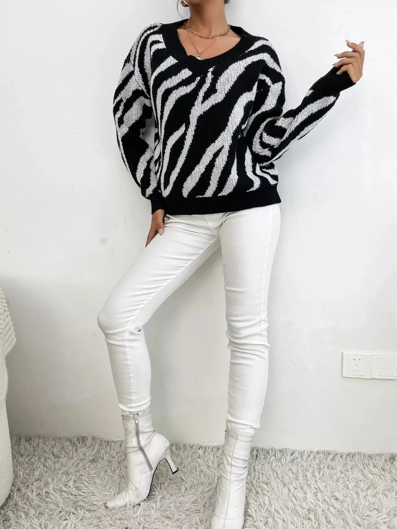 Zebra Print Relaxed Fit Pullover Sweater Simply Love