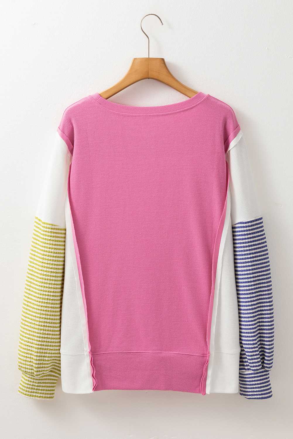 Sachet Pink Exposed Seam Striped Color Block Patchwork Long Sleeve Top