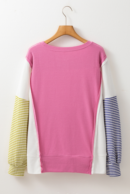 Sachet Pink Exposed Seam Striped Color Block Patchwork Long Sleeve Top